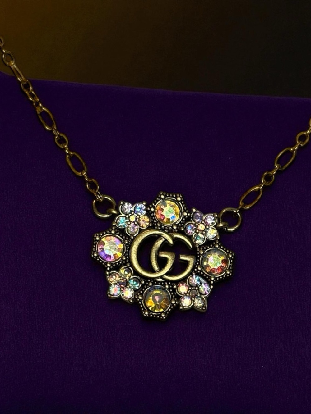 Authentic Upcycled Gucci Marmont  multicolor crystal GG Logo Charm Necklace